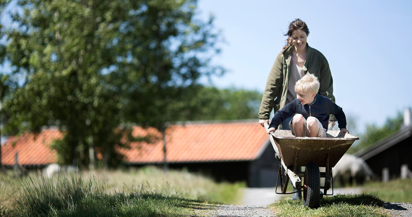 Female Pushing a Child in Wheelbarrow